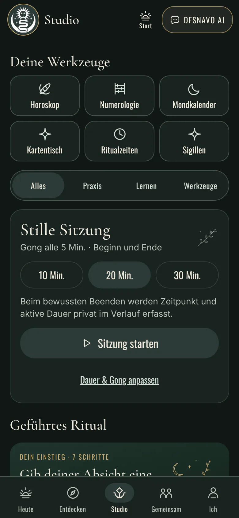 Studio: Werkzeuge, Stille Sitzung mit wählbarer Dauer und Start der Sitzung.