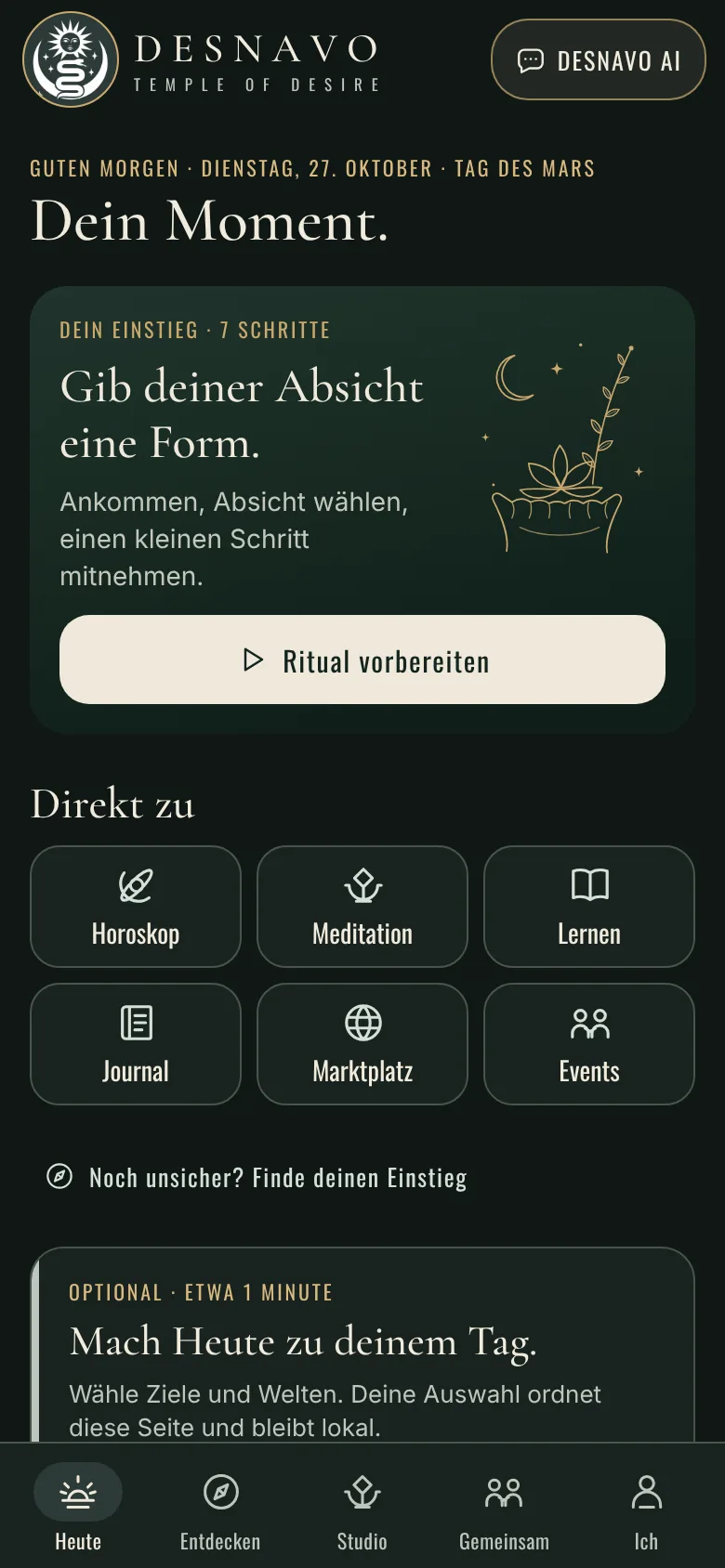 DESNAVO auf dem Handy: der Bereich „Heute“ mit Begrüßung, dem vorbereiteten Ritual und Direktzugängen zu Horoskop, Meditation, Lernen, Journal, Marktplatz und Events.